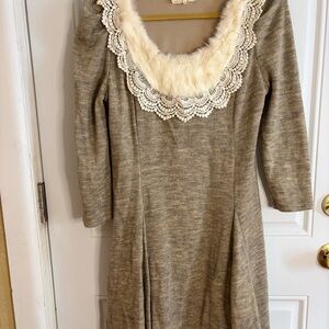 A'Reve Tan Long Sleeve Dress with Lace and rabbit fur trim vintage whimsicore